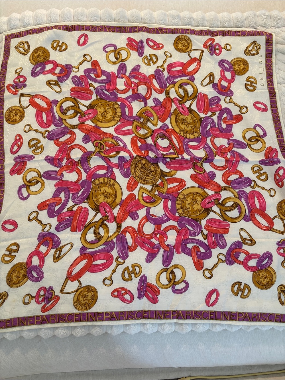 Celine White Silk Scarf with Pink, Purple & Gold Chain Motif